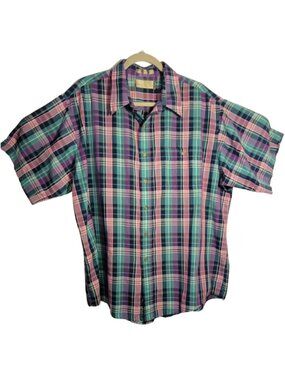 Vintage Bill Blass Plaid Tartan Short Sleeved Preppy Button Down Shirt 3XL